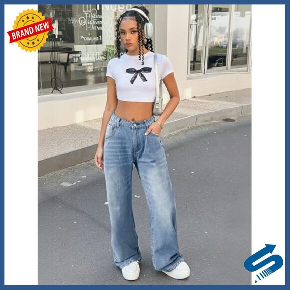 Girls Wide Leg Denim Pants High Waist Baggy Y2K Streetwear 12-16Y - Picture 3 of 8